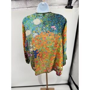 Tao House Open Front Wool Cardigan Fine Art Floral Print Size L/XL Handmade